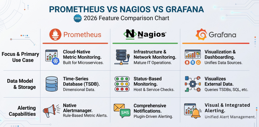 Prometheus vs Nagios vs Grafana 2026 feature comparison chart
